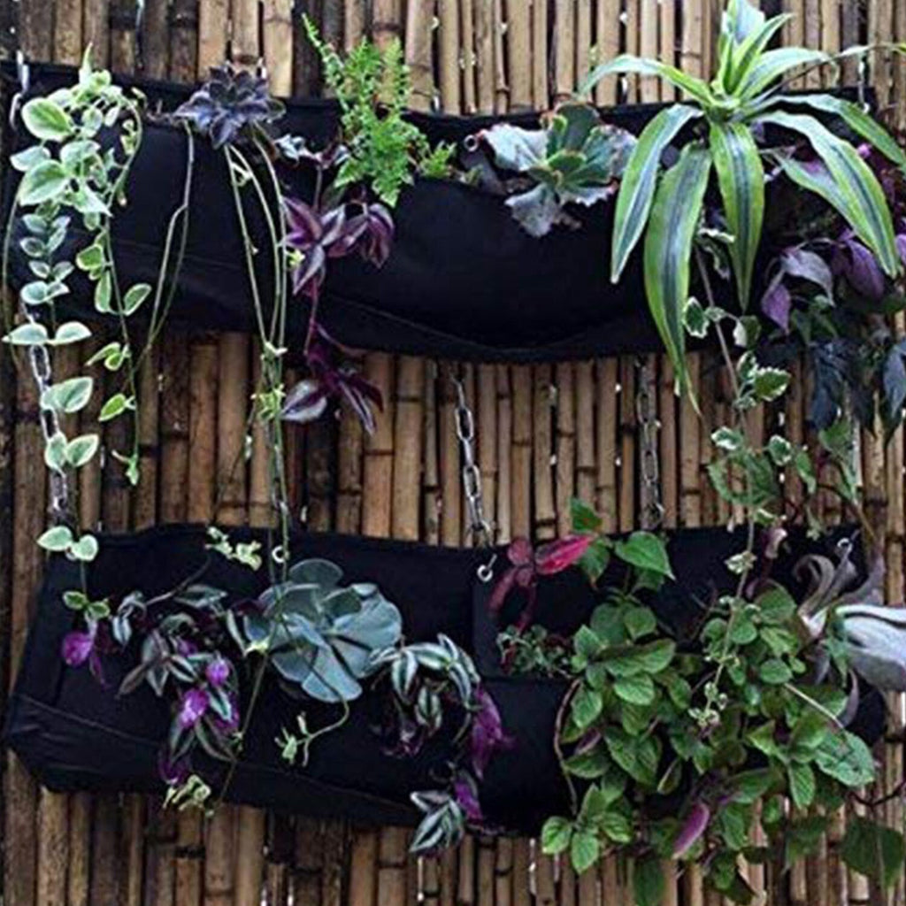 Behogar 4-Pocket Horizontal Felt Wall Mount Hanging Planter Growing Bag for Garden Balcony Green House Indoor Outdoor Black