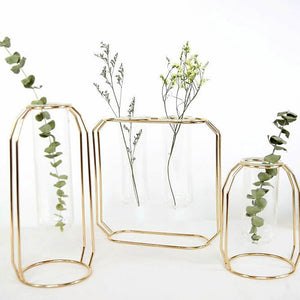 1Set Nordic Style Glass Iron Art Vase Rose Gold Geometric Shape Flowerpot Home Table Ornaments Wedding Decoration Accessories