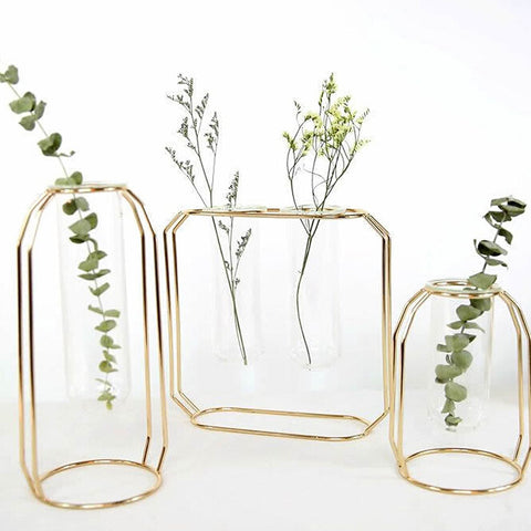 1Set Nordic Style Glass Iron Art Vase Rose Gold Geometric Shape Flowerpot Home Table Ornaments Wedding Decoration Accessories