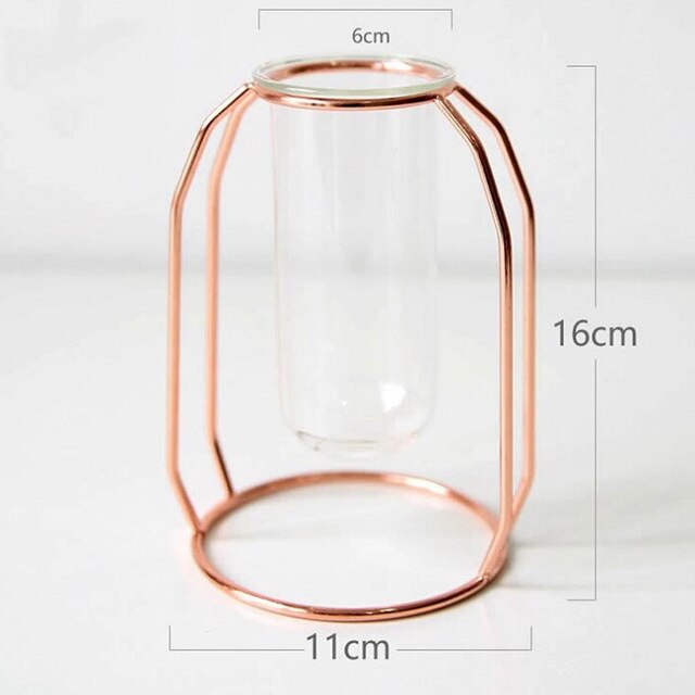 1Set Nordic Style Glass Iron Art Vase Rose Gold Geometric Shape Flowerpot Home Table Ornaments Wedding Decoration Accessories