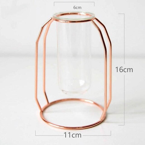 1Set Nordic Style Glass Iron Art Vase Rose Gold Geometric Shape Flowerpot Home Table Ornaments Wedding Decoration Accessories